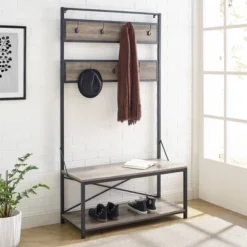 72" Industrial Farmhouse Metal And Wood Hall Tree Gray Wash - Saracina Home