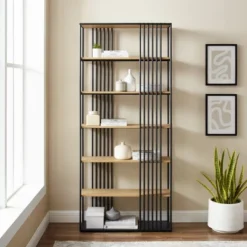 79" Modern 6 Shelf With Metal Bar Bookcase Coastal Oak/Black - Saracina Home -Saracina Home Shop GUEST 03b6b14d 2b21 499f 860f 2782f5320208