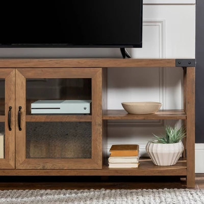 Sophie Rustic Farmhouse X Frame Glass Doors TV Stand For TVs Up To 80" Rustic Oak - Saracina Home 11 Sophie Rustic Farmhouse X Frame Glass Doors TV Stand For TVs Up To 80" Rustic Oak - Saracina Home - Image 9
