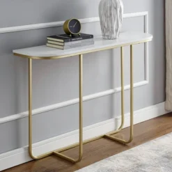 Megan Modern Glam Curved Console Table Faux White Marble/Gold - Saracina Home