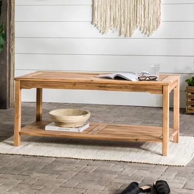 Ravenscroft Modern Boho Acacia Wood Slatted Outdoor Coffee Table With Lower Shelf - Saracina Home 3 Ravenscroft Modern Boho Acacia Wood Slatted Outdoor Coffee Table With Lower Shelf - Saracina Home