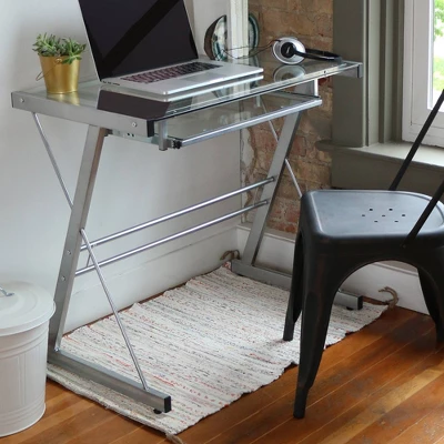 Glass Computer Desk With Keyboard Tray Silver - Saracina Home 5 Glass Computer Desk With Keyboard Tray Silver - Saracina Home - Image 3