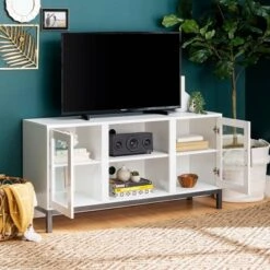 Pierceton Modern Double Glass Door With Metal Legs TV Stand For TVs Up To 58" White - Saracina Home -Saracina Home Shop GUEST 2c1fd597 52e5 48a8 9e83 a72aa568db78