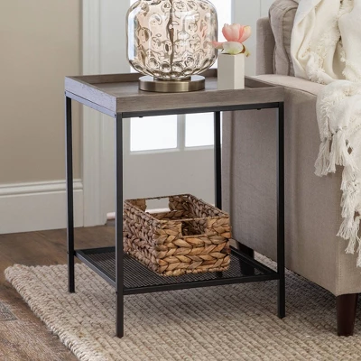 Rosalyn Urban Industrial Glam Square Tray Side Table With Metal Mesh Shelf Gray Wash - Saracina Home 3 Rosalyn Urban Industrial Glam Square Tray Side Table With Metal Mesh Shelf Gray Wash - Saracina Home