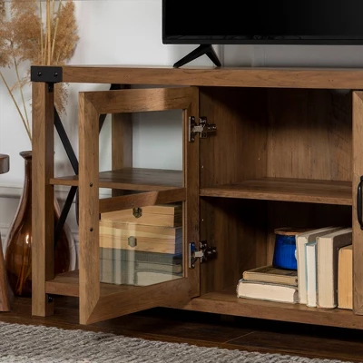 Sophie Rustic Farmhouse X Frame Glass Doors TV Stand For TVs Up To 80" Rustic Oak - Saracina Home 12 Sophie Rustic Farmhouse X Frame Glass Doors TV Stand For TVs Up To 80" Rustic Oak - Saracina Home - Image 10