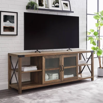 Sophie Rustic Farmhouse X Frame Glass Doors TV Stand For TVs Up To 80" Rustic Oak - Saracina Home 3 Sophie Rustic Farmhouse X Frame Glass Doors TV Stand For TVs Up To 80" Rustic Oak - Saracina Home