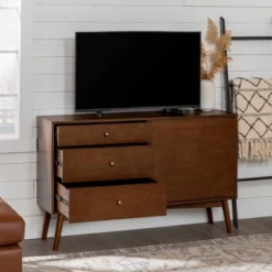 Mid-Century Modern With Closed Storage TV Stand For TVs Up To 58" Walnut - Saracina Home -Saracina Home Shop GUEST 54c83906 77ba 4118 b803 113db40fdb4a