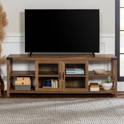 Sophie Rustic Farmhouse X Frame Glass Doors TV Stand For TVs Up To 80" Rustic Oak - Saracina Home 16 Sophie Rustic Farmhouse X Frame Glass Doors TV Stand For TVs Up To 80" Rustic Oak - Saracina Home - Image 14