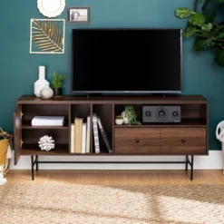 Modern Vinyl Record Player Storage TV Stand For TVs Up To 65" Dark Walnut - Saracina Home -Saracina Home Shop GUEST 6c93749b 723f 48d5 b9a2 78d4a4813679