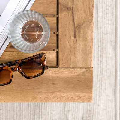 Ravenscroft Modern Boho Acacia Wood Slatted Outdoor Coffee Table With Lower Shelf - Saracina Home 4 Ravenscroft Modern Boho Acacia Wood Slatted Outdoor Coffee Table With Lower Shelf - Saracina Home - Image 2