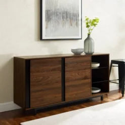 Shing Modern Striped Door 60" Sideboard With Glass Shelves Dark Walnut - Saracina Home -Saracina Home Shop GUEST 841e5008 f61b 4759 a434 60c091d81a31