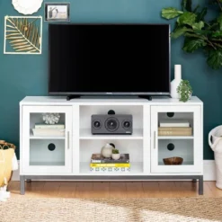 Pierceton Modern Double Glass Door With Metal Legs TV Stand For TVs Up To 58" White - Saracina Home -Saracina Home Shop GUEST 929be342 b4dd 40d9 ac7e 102860112a8d