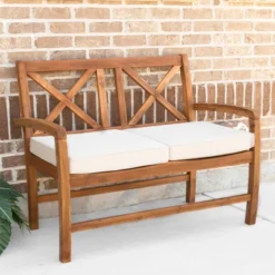Acacia Wood X-Back Love Seat With Cushions Brown - Saracina Home -Saracina Home Shop GUEST a375564a 7544 45f1 9224 786c06015617