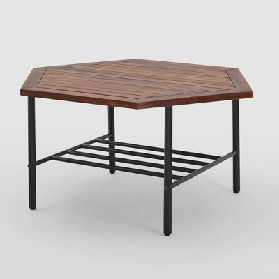 Saybrook Modern Metal And Wood Patio Hexagon Coffee Table - Dark Brown - Saracina Home 6 Saybrook Modern Metal And Wood Patio Hexagon Coffee Table - Dark Brown - Saracina Home - Image 4