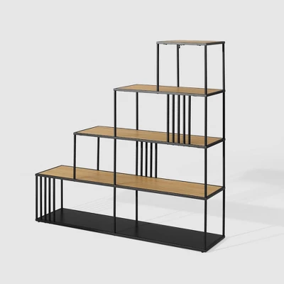 55.5" Modern 4 Shelf With Metal Bar Room Divider Bookcase Coastal Oak/Black - Saracina Home 7 55.5" Modern 4 Shelf With Metal Bar Room Divider Bookcase Coastal Oak/Black - Saracina Home - Image 5