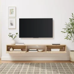 Modern Boho Floating TV Stand For TVs Up To 80" With Rattan Doors Coastal Oak - Saracina Home -Saracina Home Shop GUEST bdcb8965 2ebd 49d4 815a d3cfdbcfb1e9
