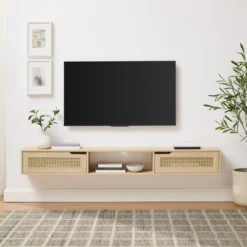 Modern Boho Floating TV Stand For TVs Up To 80" With Rattan Doors Coastal Oak - Saracina Home -Saracina Home Shop GUEST cdeb4d3e c8db 482f bceb 3f6259779594