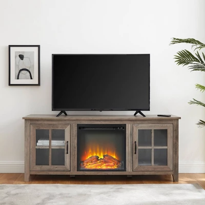 Transitional Farmhouse Window Pane Fireplace TV Stand For TV's Up To 65" Gray Wash - Saracina Home 5 Transitional Farmhouse Window Pane Fireplace TV Stand For TV's Up To 65" Gray Wash - Saracina Home - Image 3