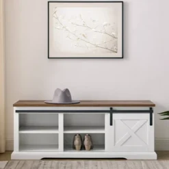 48" Transitional Sliding Barn Door Wood Bench White/Rustic Oak - Saracina Home -Saracina Home Shop GUEST e41a4a30 a485 4b73 8d3c 341bfba78996