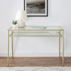 Modern 2 Tier Glass Top Writing Desk With Metal Legs Gold - Saracina Home 8 Modern 2 Tier Glass Top Writing Desk With Metal Legs Gold - Saracina Home -Saracina Home Shop GUEST f29dbca3 f72a 47f1 b485 067966ea3eef