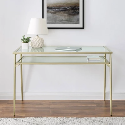 Modern 2 Tier Glass Top Writing Desk With Metal Legs Gold - Saracina Home 5 Modern 2 Tier Glass Top Writing Desk With Metal Legs Gold - Saracina Home - Image 3
