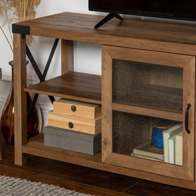 Sophie Rustic Farmhouse X Frame Glass Doors TV Stand For TVs Up To 80" Rustic Oak - Saracina Home 13 Sophie Rustic Farmhouse X Frame Glass Doors TV Stand For TVs Up To 80" Rustic Oak - Saracina Home - Image 11
